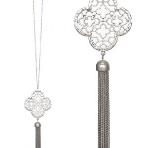 METAL FILIGREE QUATREFOIL PENDANT AND CHAIN TASSEL DROP LONG NECKLACE